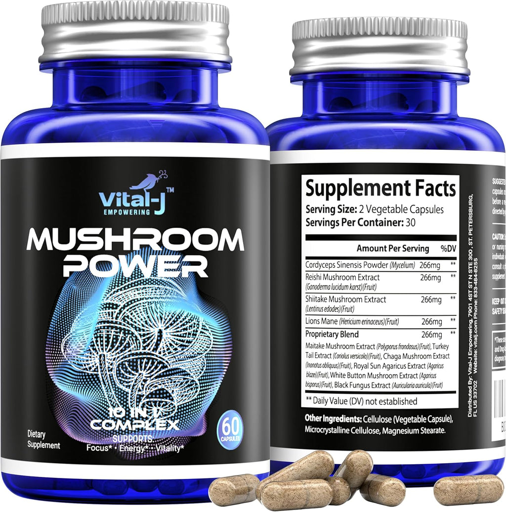 Mushroom Power Complex 10-in-1 W/Cordyceps, Reishi, Shiitake & Lions Mane, Nootropic Dietary Supplement for Gut Microbiome, Focus, Energy & Vitality - 120 Capsules Pack of 2