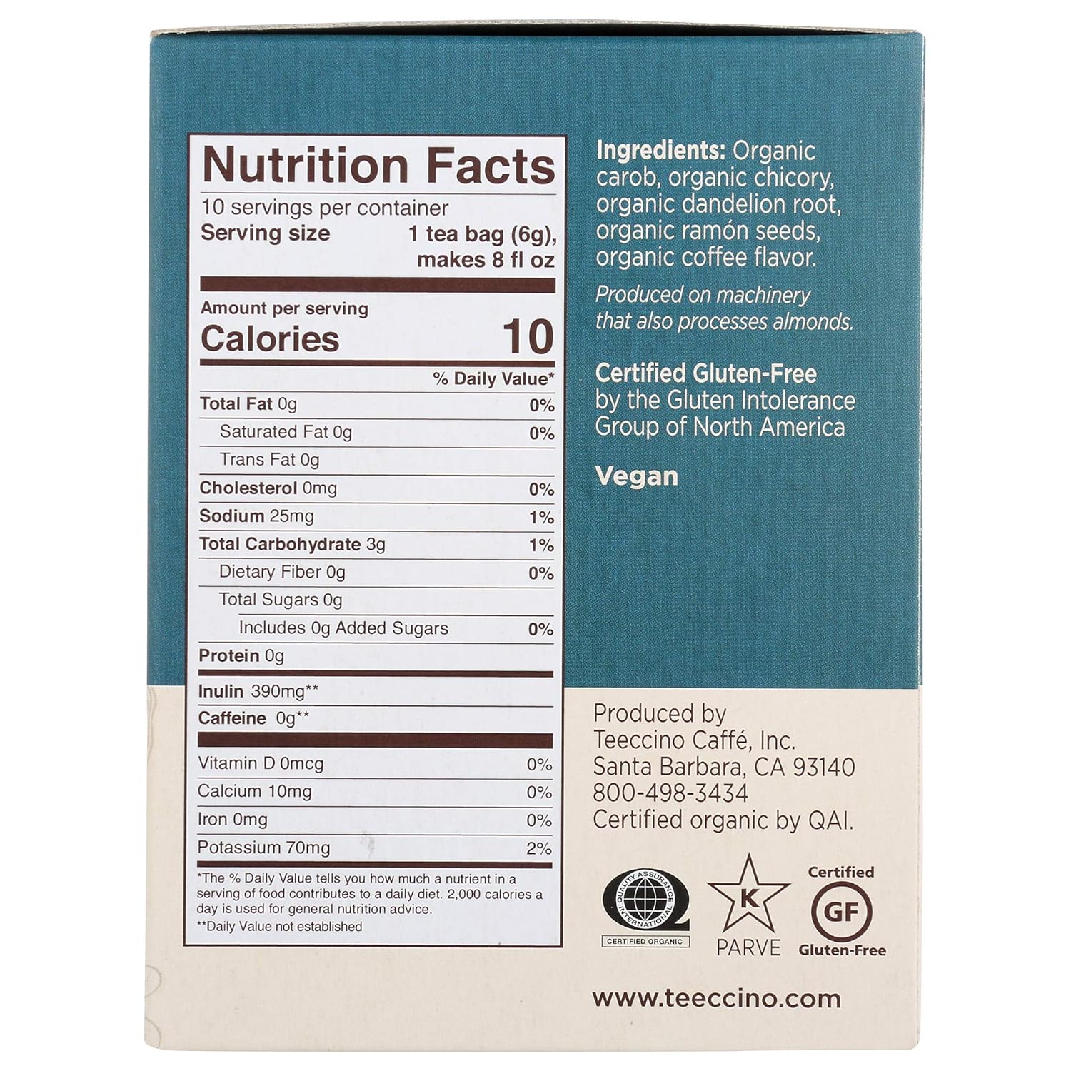 Teeccino Dandelion Dark Roast Tea - Caffeine Free, Organic, Roasted Herbal Tea with Prebiotics, 3x More Herbs than Regular Tea Bags - Gluten-Free, Acid-Free Coffee Alternative - 10 Tea Bags