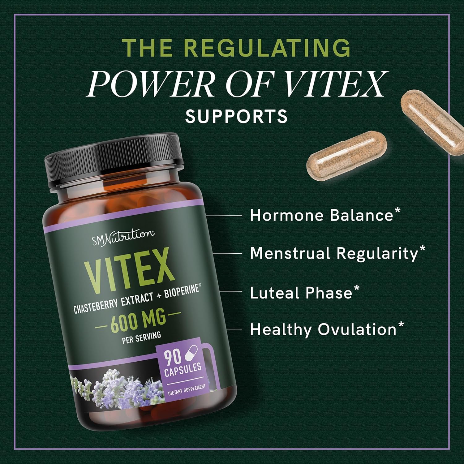 Vitex Chasteberry Supplement 600mg | Agnus Castus for Women's Hormone Balance, Menopause, Menstrual Regularity & Hormonal Acne* | Certified Gluten-Free, Vegetarian | 90 Capsules, 3-Month Supply