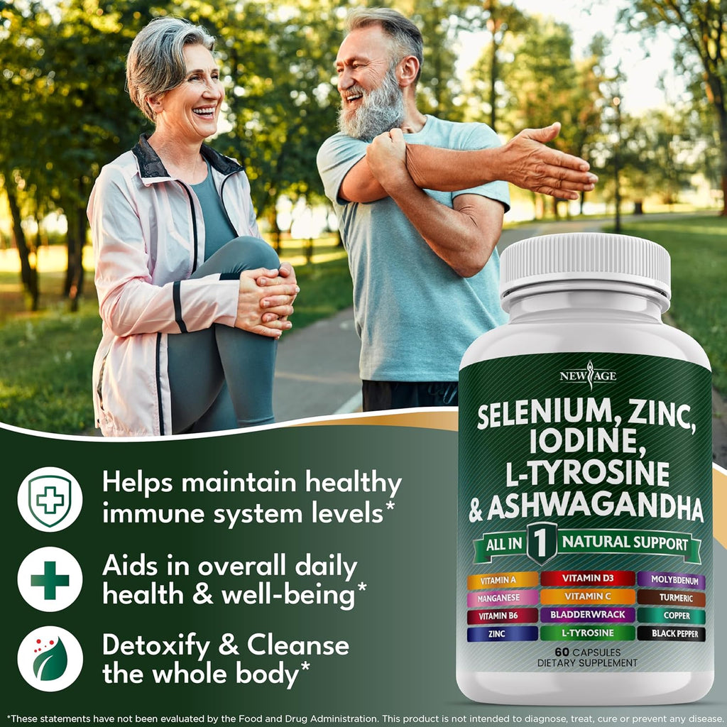 Selenium, Zinc, Iodine, L Tyrosine, Ashwagandha - Thyroid Support Supplement for Women and Men with Bladderwrack, Turmeric, Silica Kelp, Schisandra - 60 Count