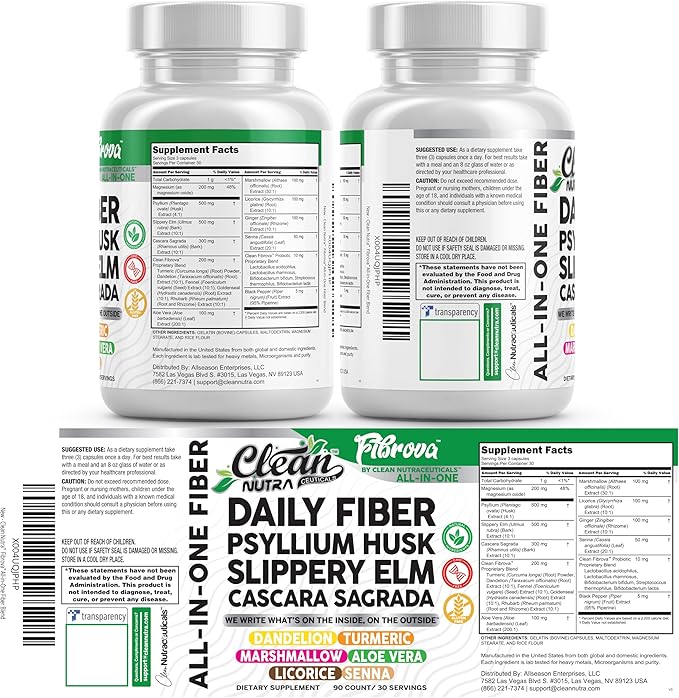 Fiber Supplement Capsules Slippery Elm Psyllium Husk Cascara Sagrada Dandelion Root Turmeric Supplement Aloe Vera Licorice Senna Marshmallow Root Digestive Health Cleanse 90 Pills by Clean Nutra