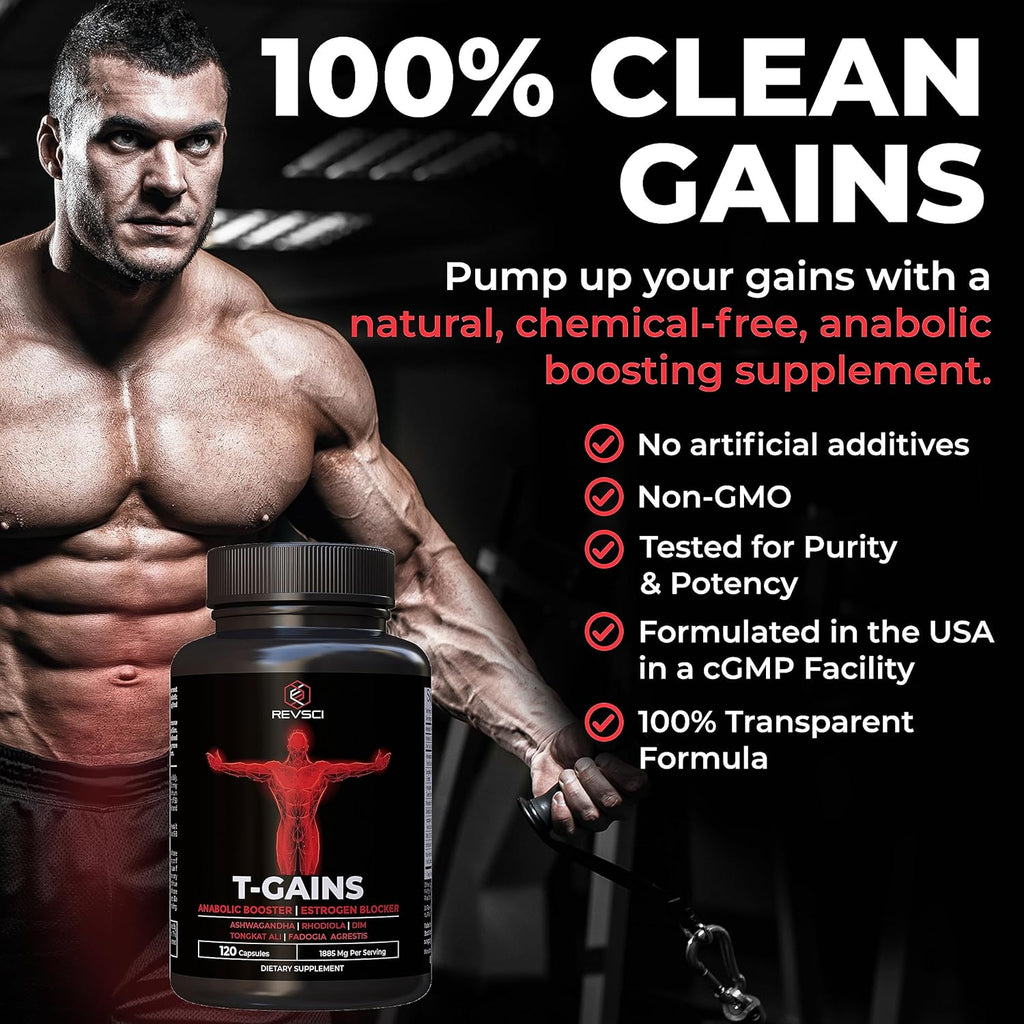 Anabolic Booster for Muscle Growth, T-GAINS Test Booster & Estrogen Blocker for Men, Mens Testosterone Booster Supplement, HGH Supplements Muscle Builder with Tongkat Ali Fadogia Agrestis, 120 Caps