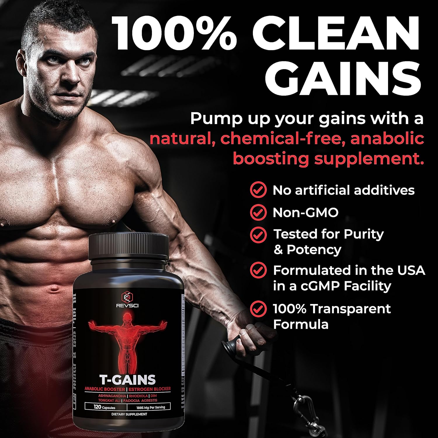 Anabolic Booster for Muscle Growth, T-GAINS Test Booster & Estrogen Blocker for Men, Mens Testosterone Booster Supplement, HGH Supplements Muscle Builder with Tongkat Ali Fadogia Agrestis, 120 Caps