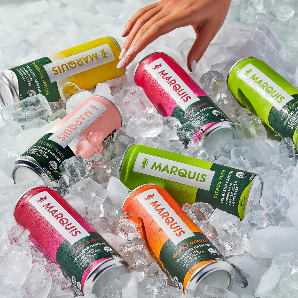 Marquis - Natural Energy Drink - Lychee Peach - Sugar Free - 0 Calories - 100mg of Organic Plant Based Caffeine - Yerba Mate - Green Tea - Vitamin C & B Vitamins - Vegan - 12 oz Cans - 12 Pack