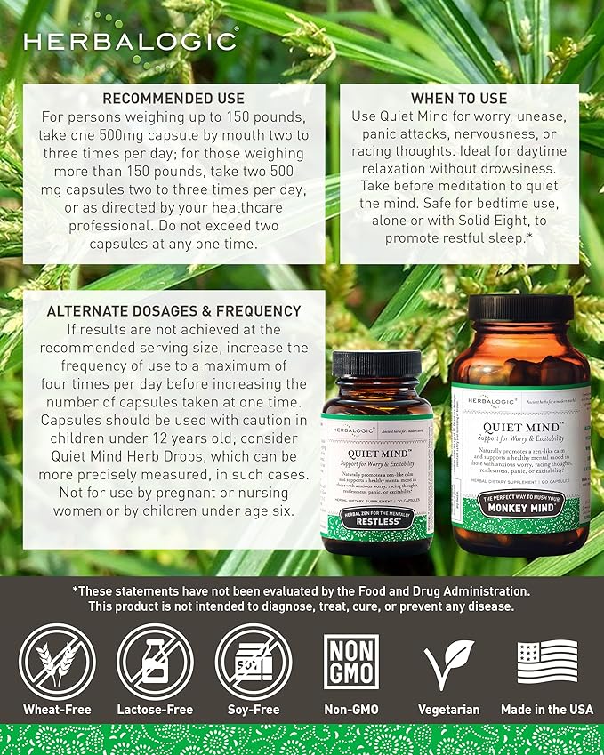 Herbalogic - Quiet Mind Herb Capsules - Non-Sedating, Promotes a Feeling of Zen-Like Calm - Eases Worry - Based on The Traditional Chinese Formula GUI Pi Tang - 90 Cap Count