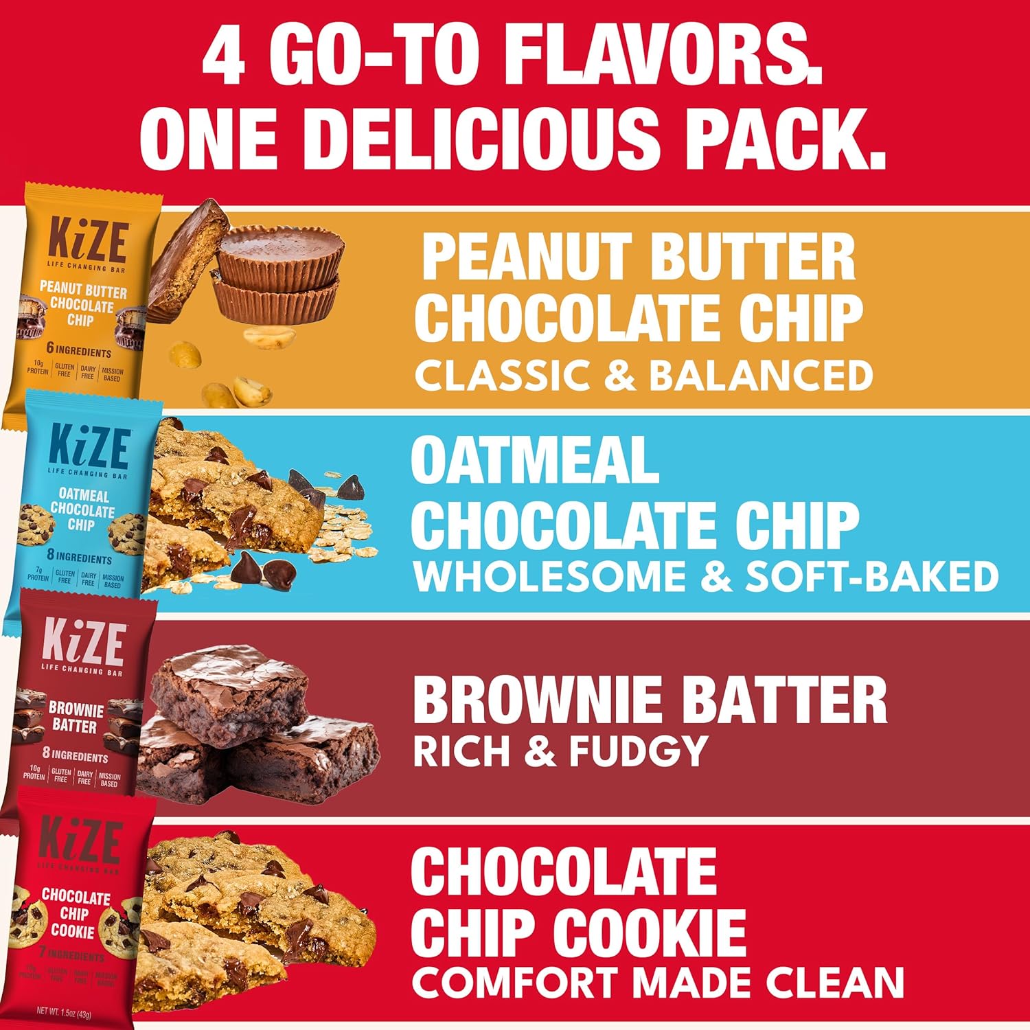 KiZE Energy Bars - Variety Pack - Gluten Free, Dairy Free Options, Non-GMO, and High Protein Meal Replacement Energy Bars, Clean and Simple Food Ingredients - 7-10g High Protein Snacks, (10 Count)
