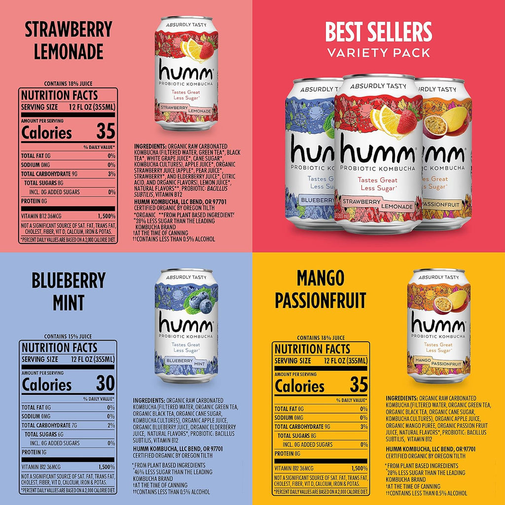 Humm Probiotic Kombucha The Original Variety 12 Pack, Organic, 2 Billion Probiotics for Gut Health, Mango Passionfruit, Blueberry Mint and Strawberry Lemonade