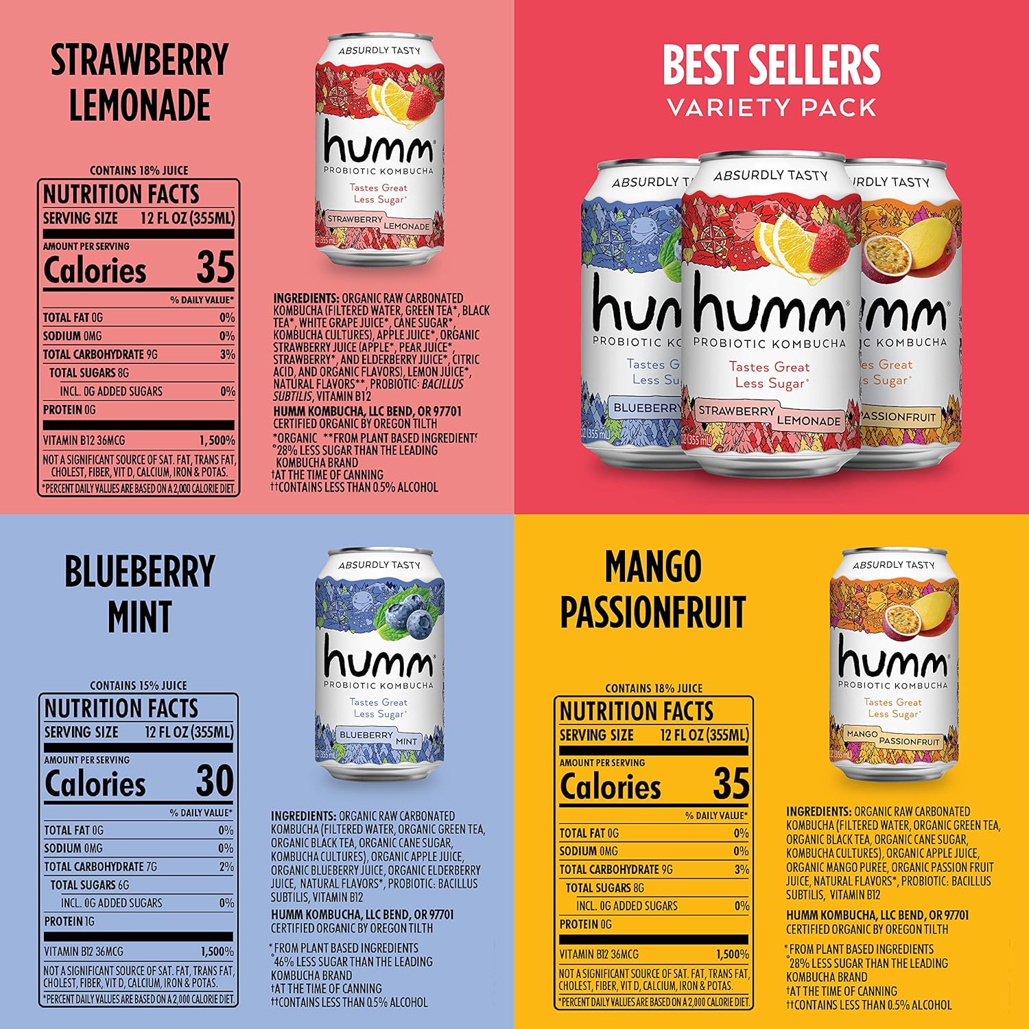 Humm Probiotic Kombucha The Original Variety 12 Pack, Organic, 2 Billion Probiotics for Gut Health, Mango Passionfruit, Blueberry Mint and Strawberry Lemonade