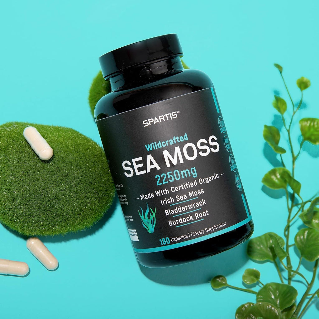 Certified Organic Sea Moss Capsules 2250mg Wildcrafted Irish Sea Moss Burdock Root Bladderwrack Supplement Raw Seamoss Pills & Powder (Pack of 1 at 180-Caps)