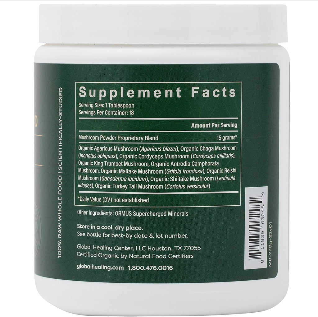 Global Healing Organic Mushroom Powder Supplement Blend 9.5 Ounces - Cordyceps, Chaga, Reishi, Turkey Tail Mushroom for Immune and Gut Health - Nootropic Focus Supplement Superfood
