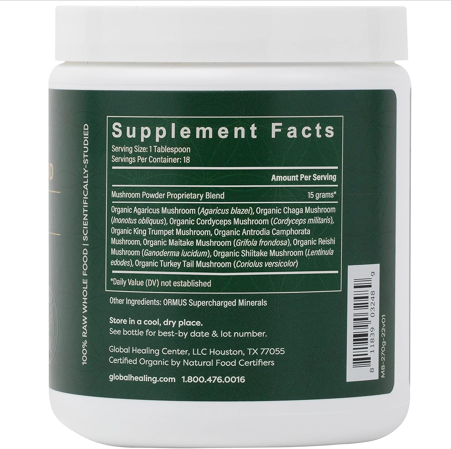 Global Healing Organic Mushroom Powder Supplement Blend 9.5 Ounces - Cordyceps, Chaga, Reishi, Turkey Tail Mushroom for Immune and Gut Health - Nootropic Focus Supplement Superfood
