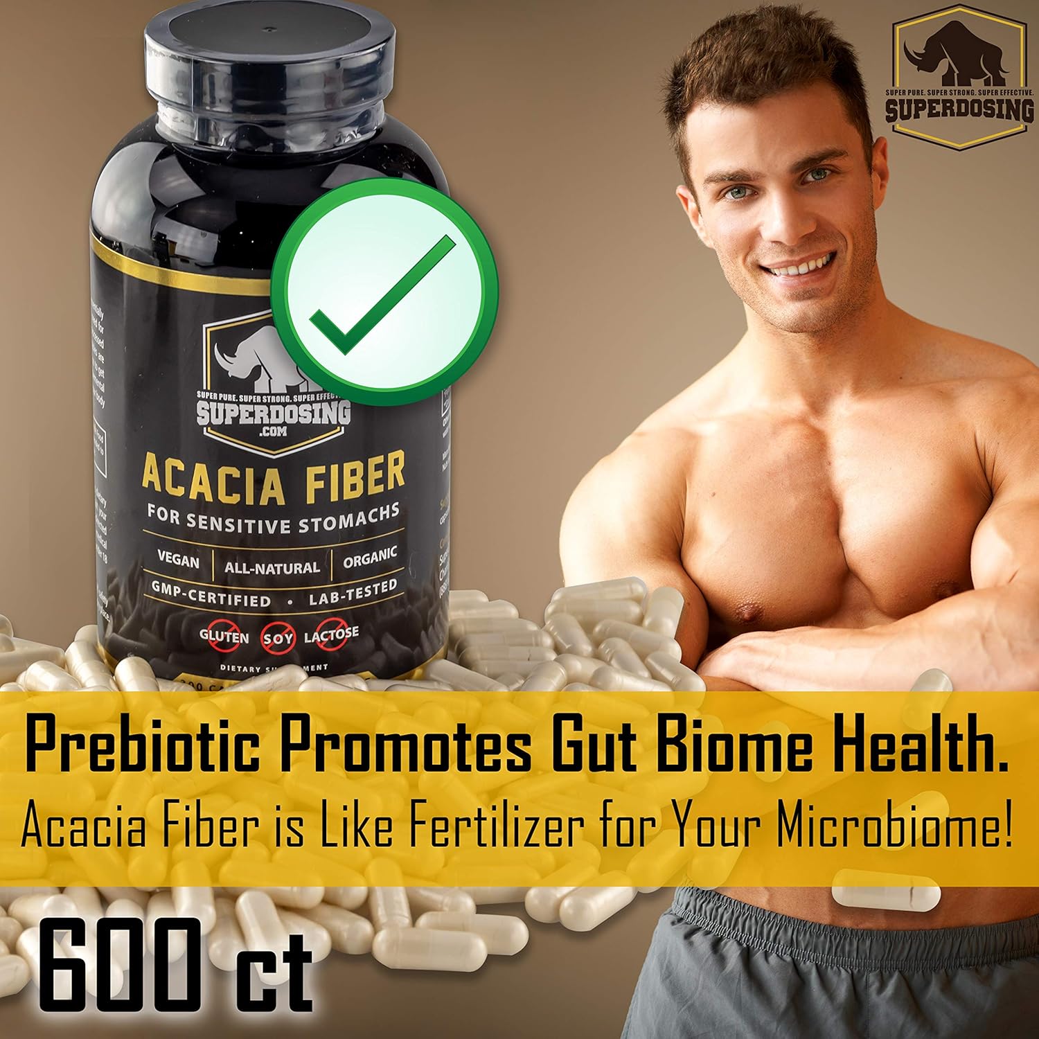 Fast Acting, Organic Acacia Senegal Fiber Capsules 600pk. Natural Soluble Fiber Supplement Pill. Vegan Prebiotic Capsules.