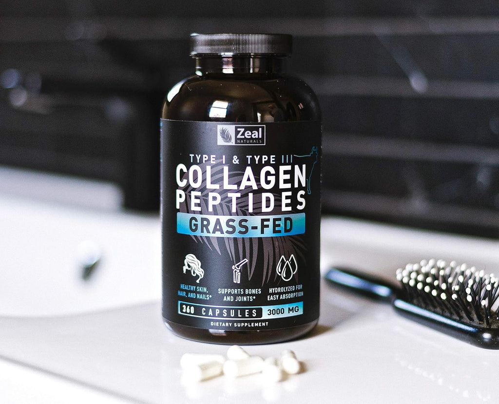 Zeal Naturals Collagen Peptides Collagen Pills (360 Capsules) Grass Fed Collagen Pepetide Powder - Hydrolyzed Collagen Powder for JointTendon SupplementHair Skin and Nails -