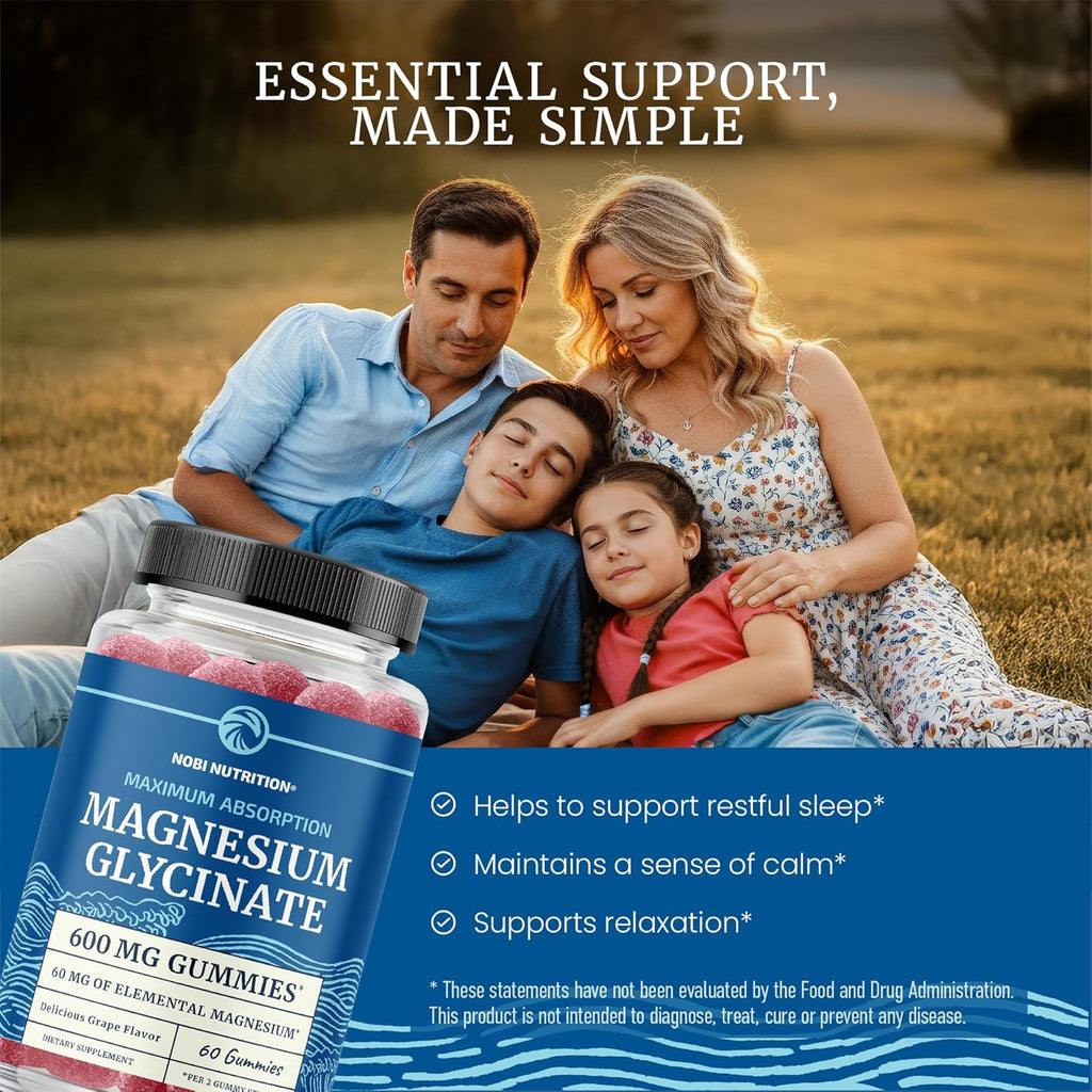 Magnesium Glycinate Gummies 600MG | Sleep, Calm & Relaxation Support | 60MG Elemental Mag Per Serving | Grape Flavor, Gluten-Free | High Absorption Magnesium Gummies for Women, Men & Family | 60 Ct
