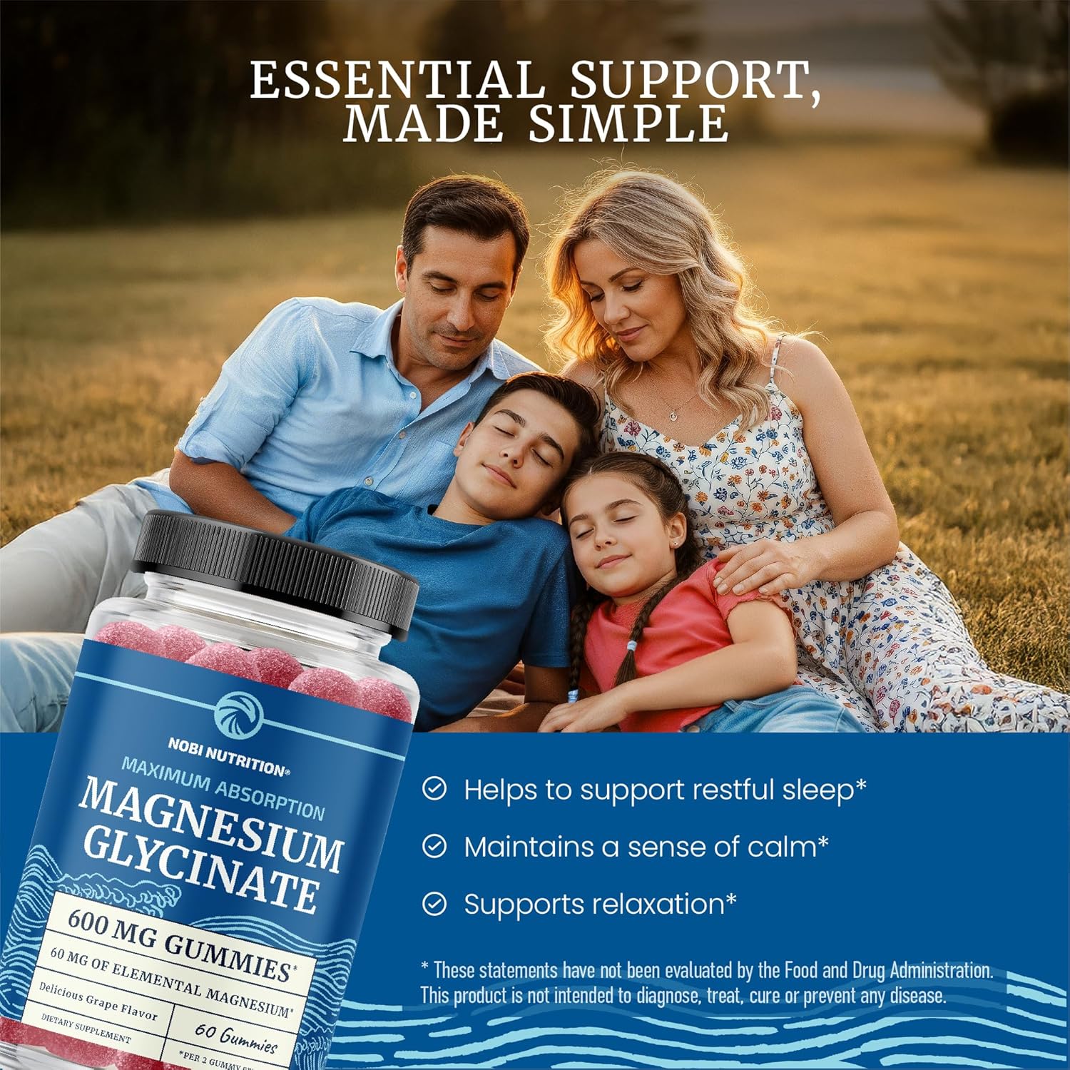 Magnesium Glycinate Gummies 600MG | Sleep, Calm & Relaxation Support | 60MG Elemental Mag Per Serving | Grape Flavor, Gluten-Free | High Absorption Magnesium Gummies for Women, Men & Family | 60 Ct
