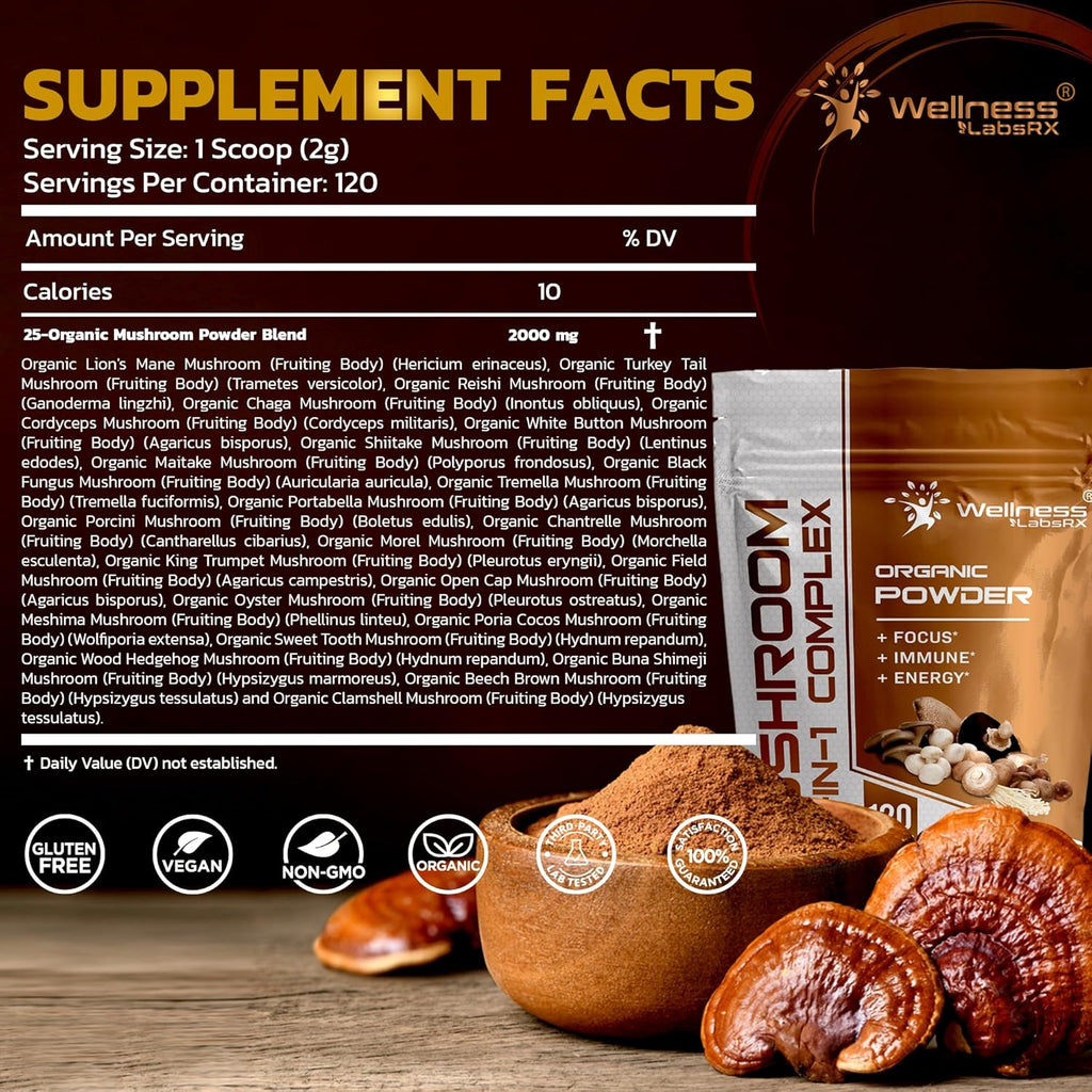 Mushroom Powder, 25 in 1 Mushrooms Supplement - 2000mg, 25 Superfood Mishroom Lions Mane Powder with Chaga, Shiitake, Cordyceps, Reishi - Lion's Mane Mushroom - Pack of 2