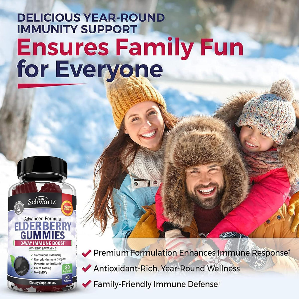 BioSchwartz Elderberry Gummies with Zinc and Vitamin C - Natural Immune Support for Adults & Kids - Black Sambucus Elderberries - Third-Party Tested, Non-GMO, Vegan Multimineral Supplement, 60 Count