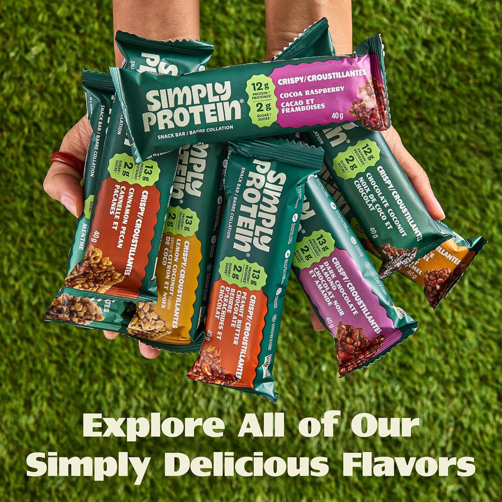 Simply Protein - Peanut Butter Chocolate Crispy Bars - Plant Based Protein Bars - Low Carb, Low Sugar, High Fiber - 13g Protein, 2g Sugar, 7g Fiber - Vegan, Gluten Free, Non GMO, Kosher - 12 Bars