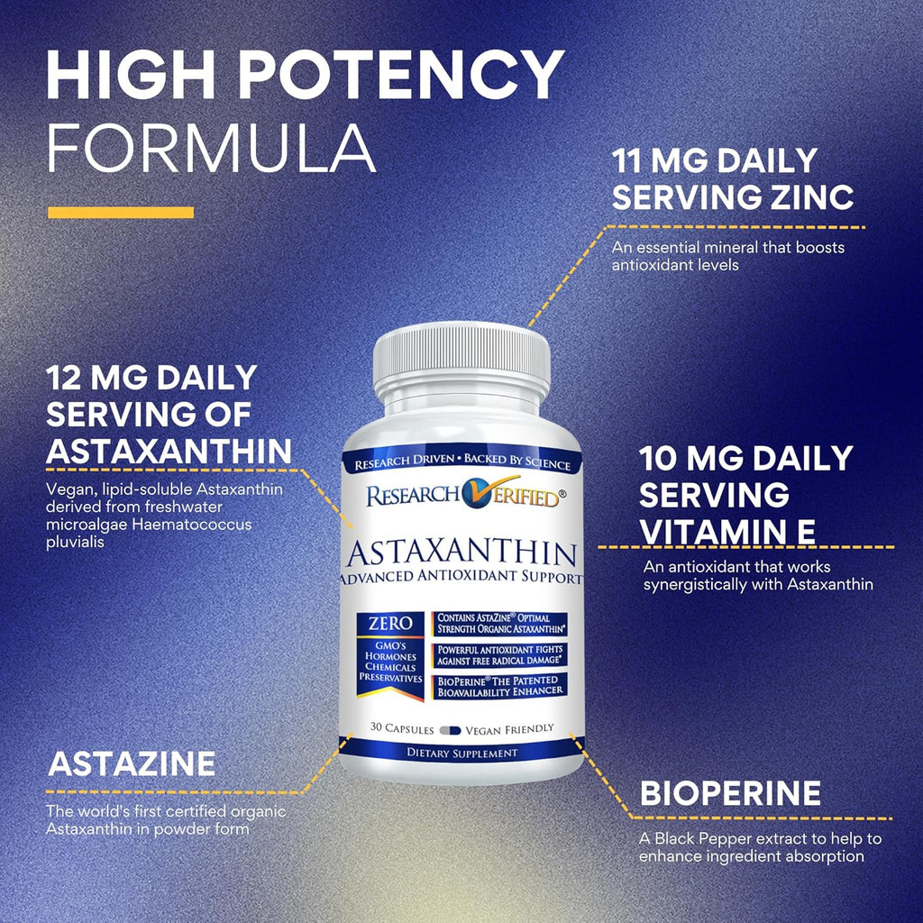 Research Verified Astaxanthin - Powerful Antioxidant, Fights Free Radicals, Supports Skin, Brain, Eyes, and Heart - Zinc RDA, Vitamin E, BioPerine - 30 Capsules - Non-GMO, Made in The USA