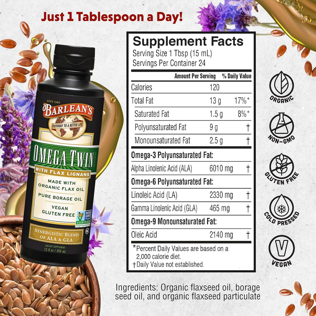 Barlean's Omega Twin Liquid Flaxseed Oil and Pure Borage Oil Supplement with Lignans, 6,010mg ALA and 465mg GLA Omega Fatty Acids from Organic Flax Seed and Cold Pressed Borage Seeds, 12 oz