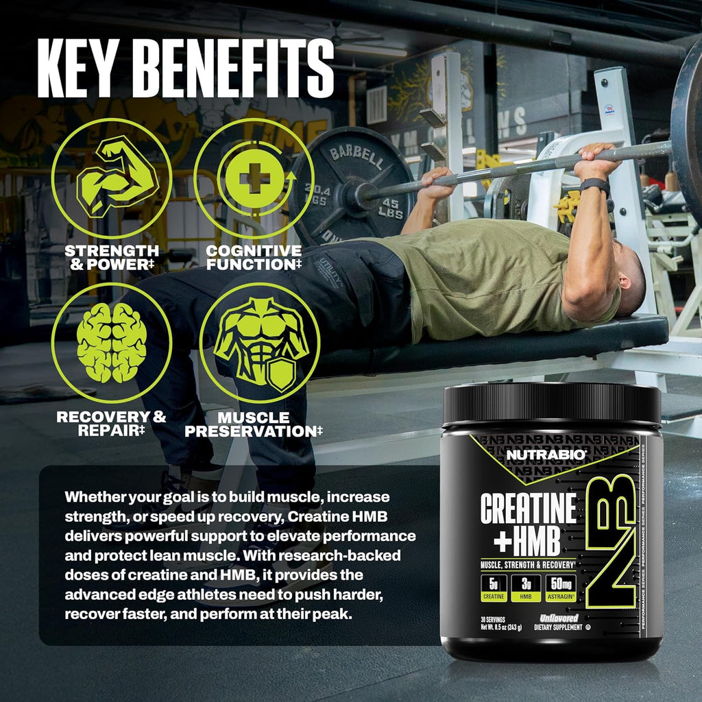 NutraBio Creatine + HMB- Creatine Monohydrate with HMB Powder for Muscle Growth, Increased Strength- 30 Servings (Unflavored)