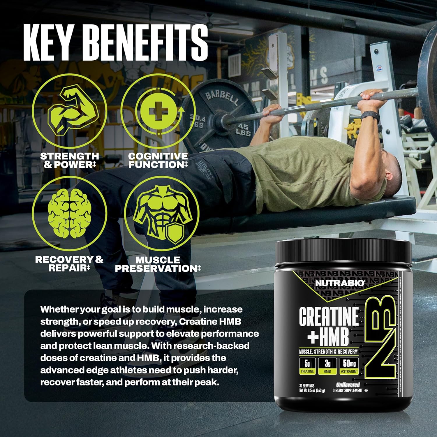 NutraBio Creatine + HMB- Creatine Monohydrate with HMB Powder for Muscle Growth, Increased Strength- 30 Servings (Unflavored)