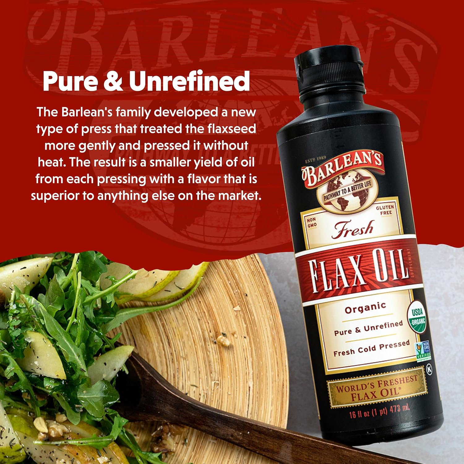 Barlean's Organic Flaxseed Oil Liquid from Cold Pressed Flax Seeds, 7,640mg ALA Omega 3 Fatty Acid Supplement for Joint and Heart Health, Vegan & Gluten Free, 16 oz