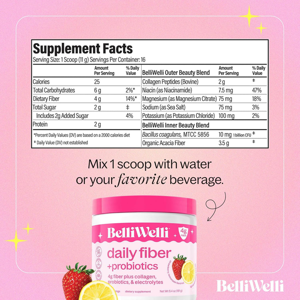 Fiber Supplement for Women&Men, Premium Daily Fiber Powder from Organic Acacia with Added Collagen, Electrolytes&Probiotics, No Bloat, Constipation&Gut Health Support (Strawberry Lemonade)