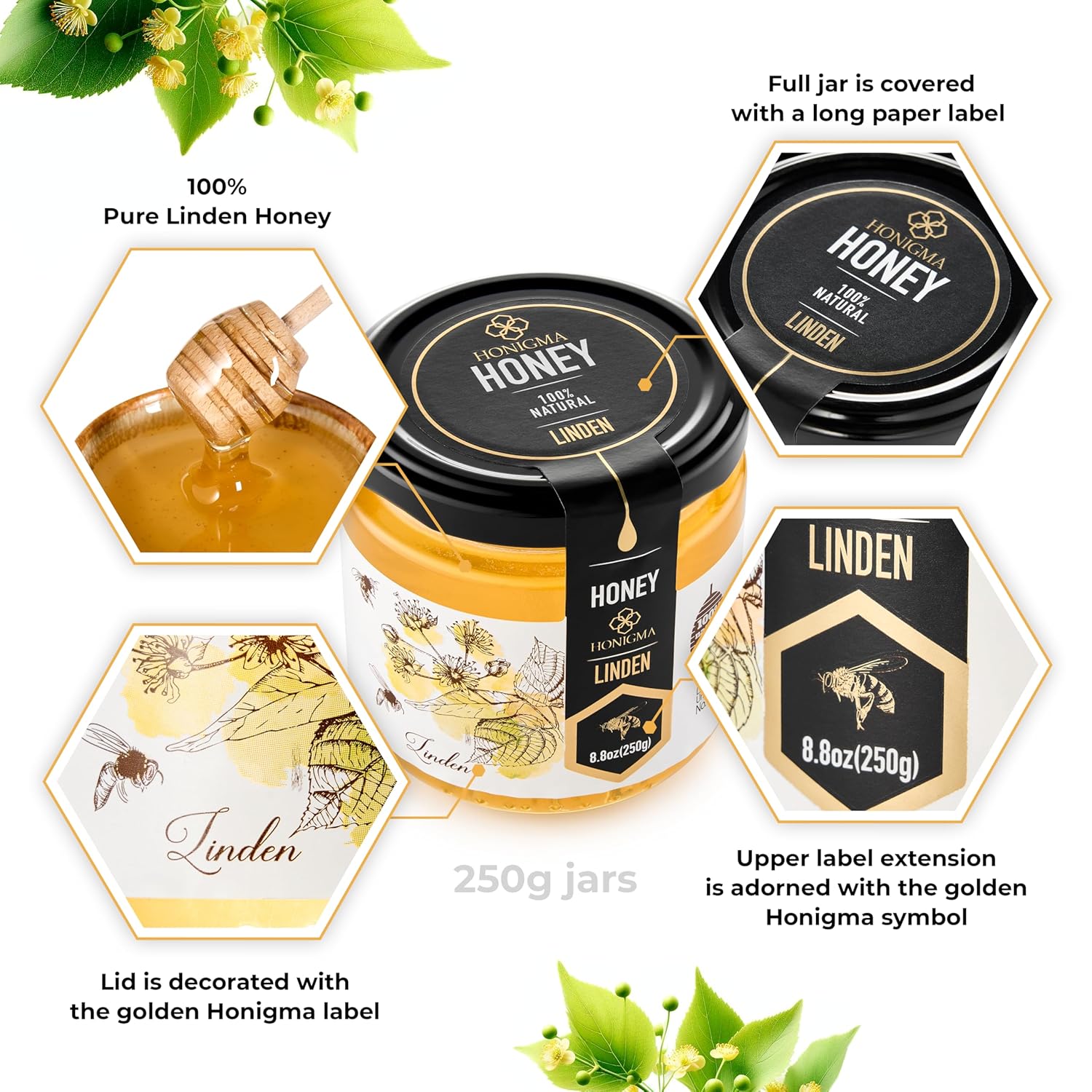 HONIGMA® Raw Linden Honey | Exquisite Taste | 100% Pure | Unpasteurized | Unfiltered | Partially crystallized | 250g/8.8oz