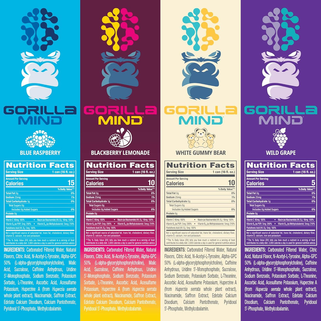 Gorilla Mind Energy Drink | Unmatched Energy · Amplified Focus | N-Acetyl-L-Tyrosine, Alpha-GPC, 200mg Caffeine, Uridine, Saffron | 0 Sugar Or Artificial Colors | 16oz | 12-Pack (Variety Pack #1)