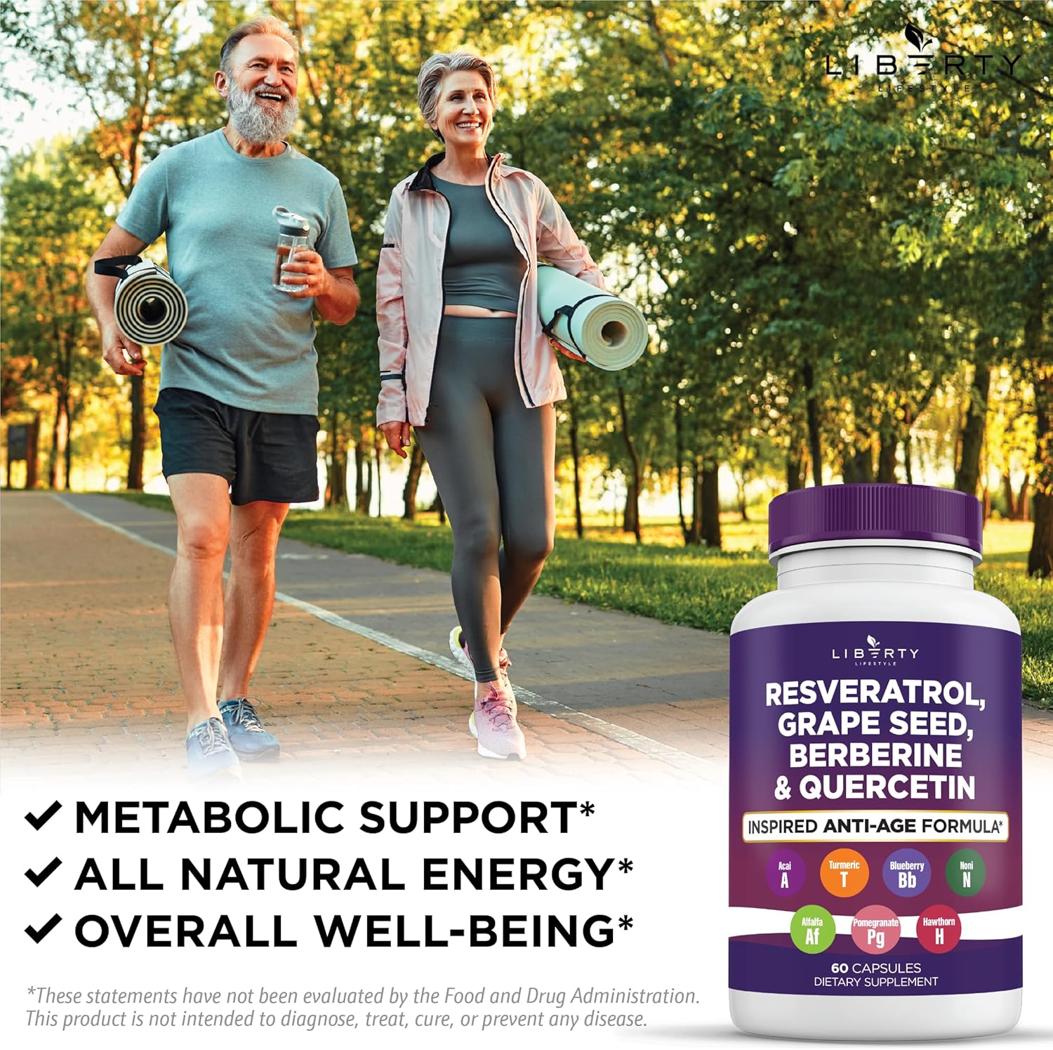 Resveratrol, Berberine, Grape Seed Extract, Quercetin, Polyphenol Supplement for Women and Men with Noni Extract, N-Acetyl Cysteine, Acai Extract - 2-Pack