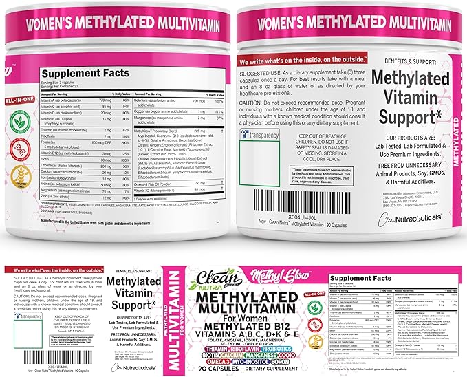 Methylated Multivitamin for Women Vitamins B6 Methyl B12 A B C D K E Folate Choline Omega 3 Thiamine Riboflavin Iron Iodine Magnesium Zinc Selenium Copper Calcium 90 Capsules by Clean Nutra