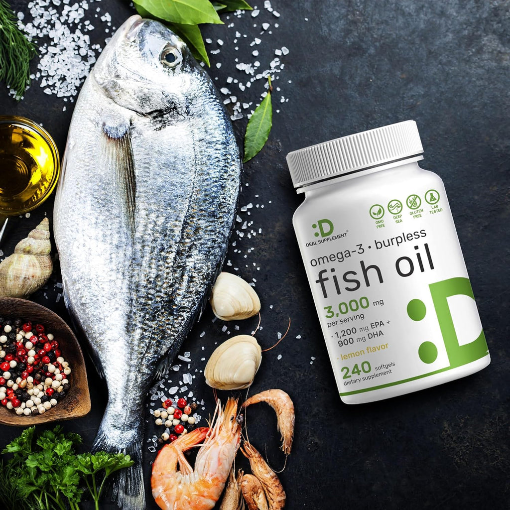 DEAL SUPPLEMENT Omega 3 Fish Oil Supplements, 3,000mg Per Serving, 240 Softgels – EPA 1,200mg + DHA 900mg – Burpless Pills, Lemon Flavored, Wild Caught – Brain & Heart Support – Mercury Free, Non-GMO