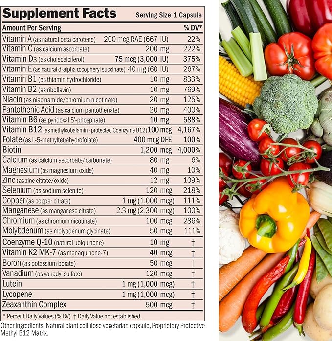ANDREW LESSMAN Essential-1 nuonce max Multivitamin 3000 IU Vitamin D3 60 Small Capsules. 100 mcg Methyl B12. CoQ10 Lutein Lycopene Zeaxanthin. High Potency. No Additives. Ultra-Mild One Daily Capsule