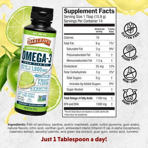 Barlean's Key Lime Pie High Potency Omega 3 Fish Oil Liquid Supplement, 1500mg of EPA& DHA Fatty Acid, Smoothie Flavored & Burpless for Brain, Joint, & Heart Health, 8 oz