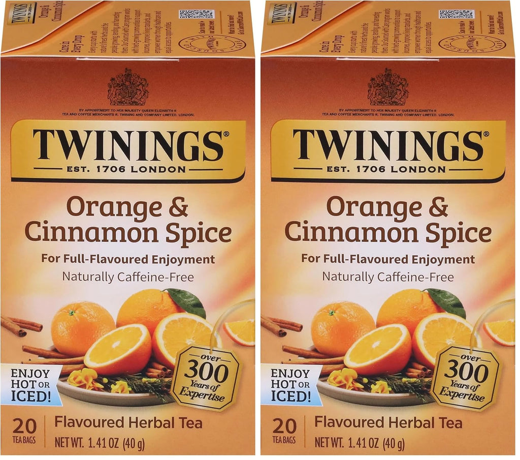 Twinings Orange & Cinnamon Spice Herbal Tea Individually Wrapped Bags, 20 Count (Pack of 2), Naturally Caffeine-Free, Enjoy Hot or Iced, 20 Teabags