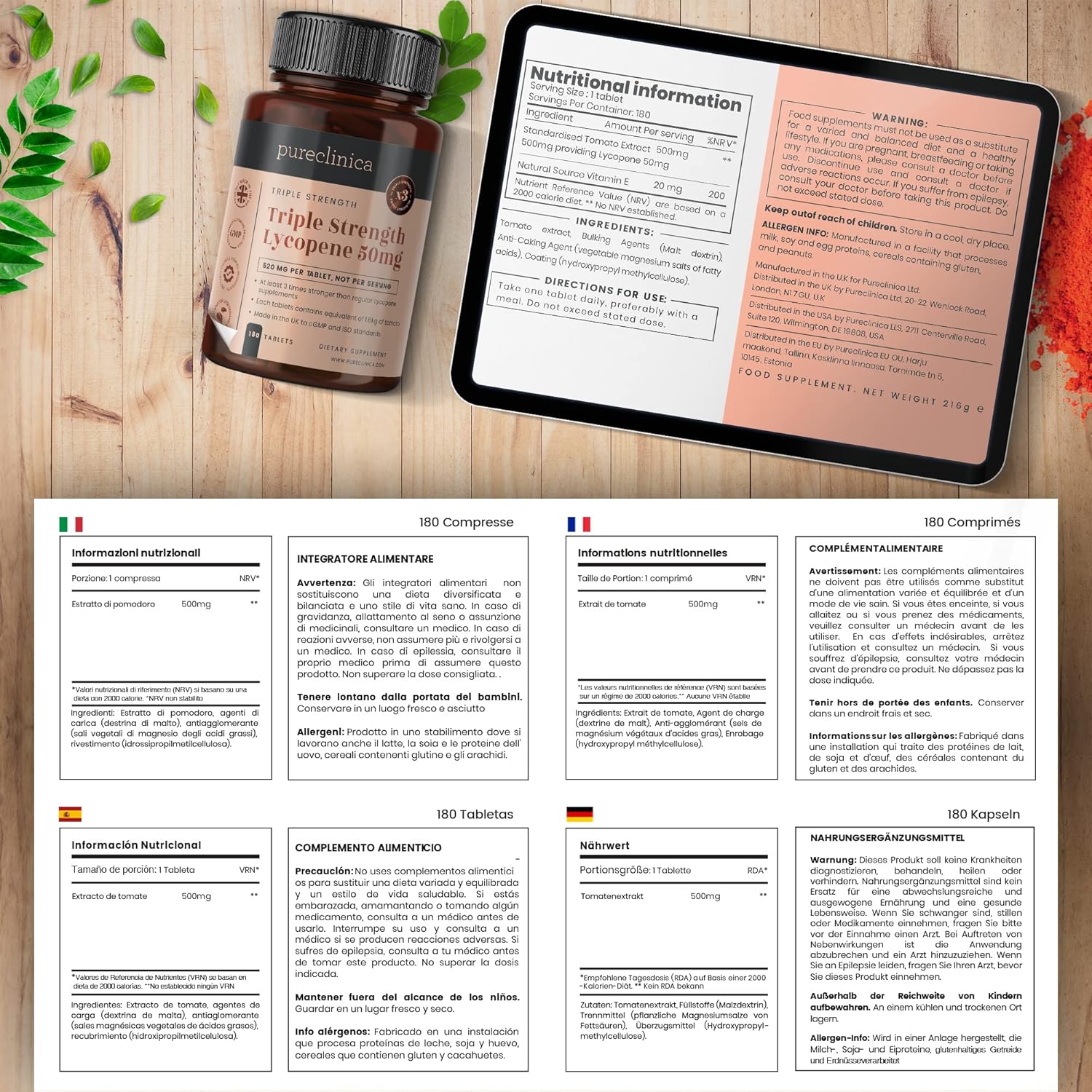 pureclinica 50mg Lycopene x 360 Tablets (2 Bottles of 180 Tablets Each - 12 Months Supply). Triple Strength Lycopene are 3 x Strength of Regular Tablets.