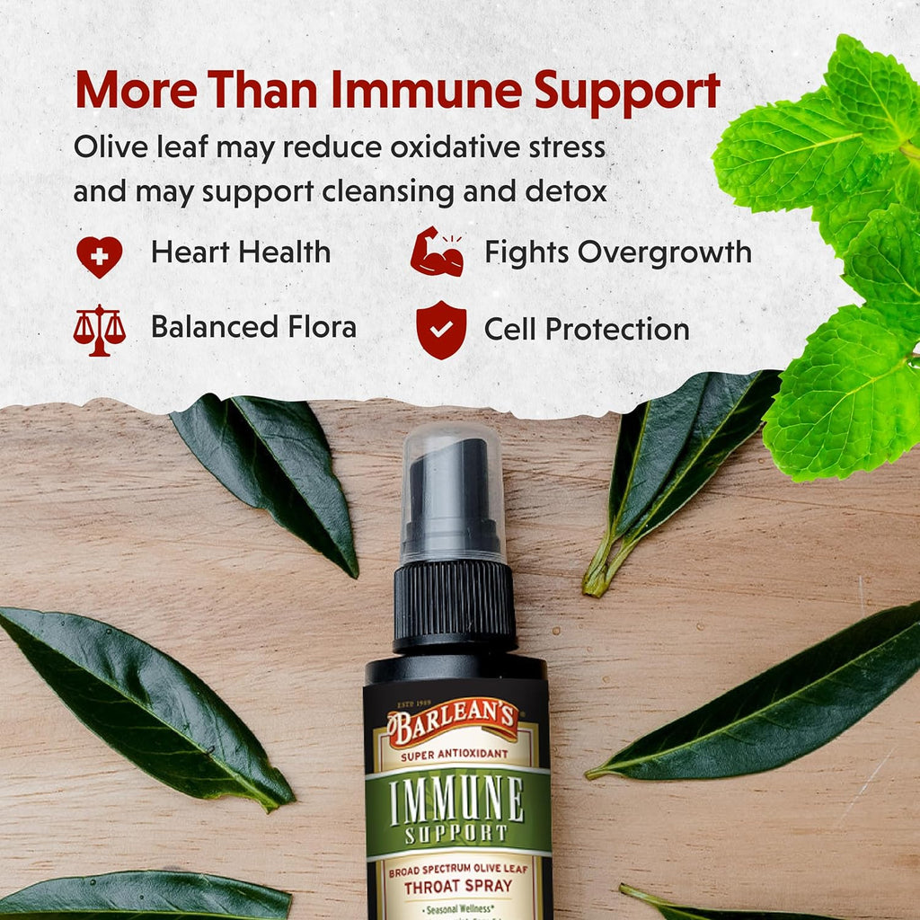 Barlean's 2 Pack Olive Leaf Complex Throat Spray with Peppermint, Lemon, and Sage for Itchy Throat Relief, Immune Support Supplement, Liquid Blended Extract, 1.5 oz