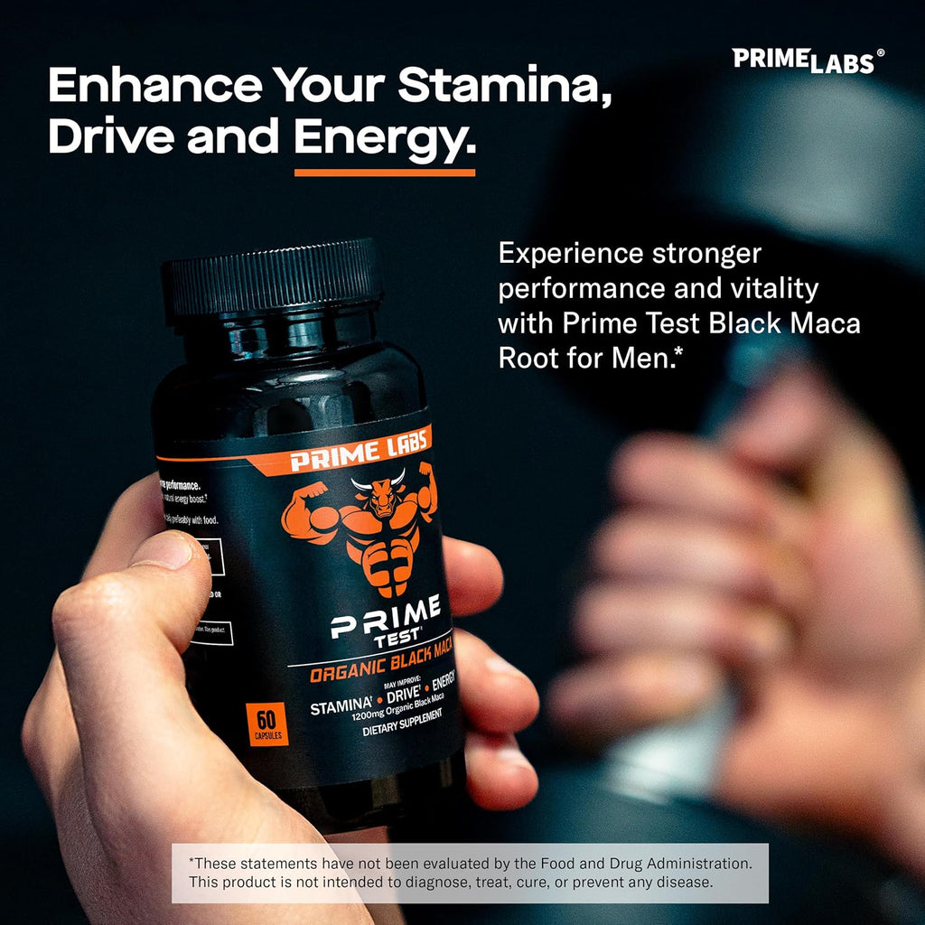 Prime Labs Organic Black Maca Root Capsules 1,200mg - Stamina, Drive, Energy, Vitality - Peruvian 20:1 Extract - for Men & Women - 60 Count