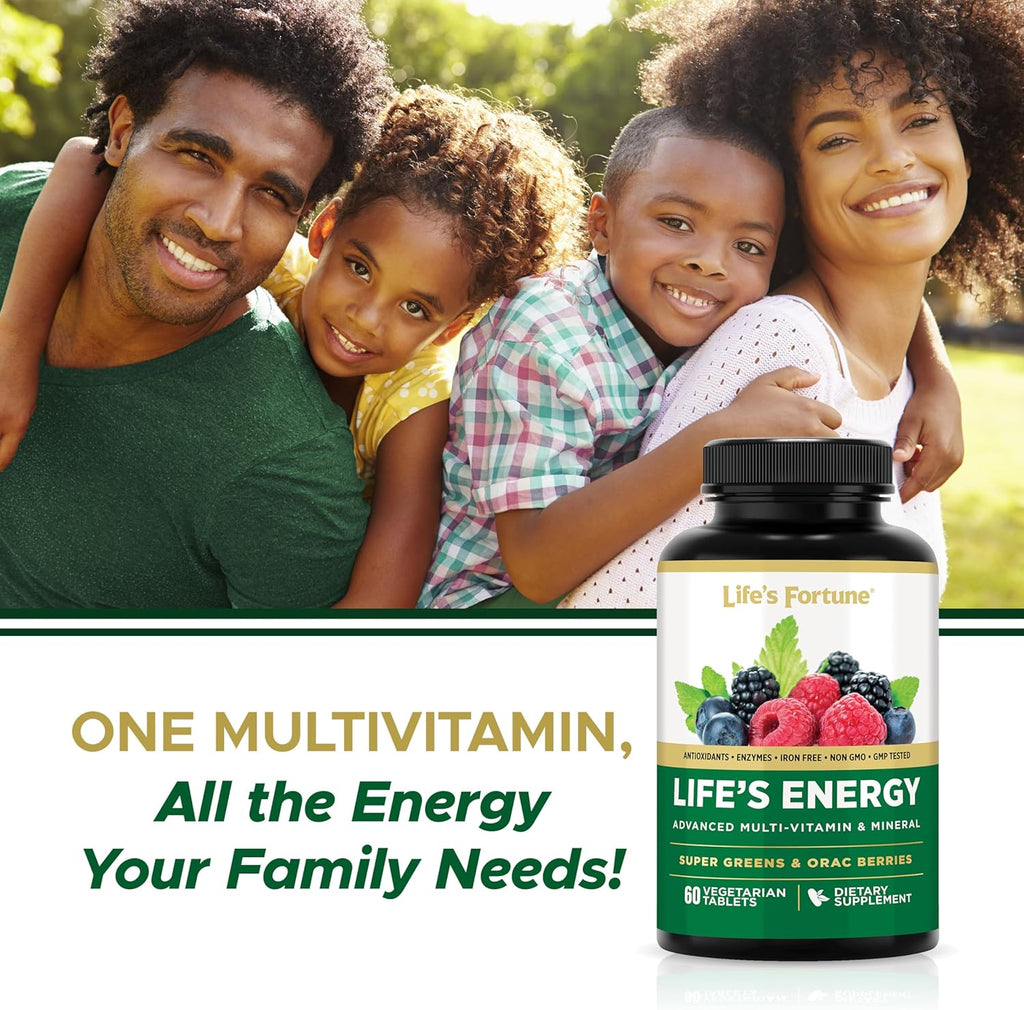 Life's Energy Advanced Daily Multivitamin for Men & Women, Energy and Immune Support Supplement with Super Greens, Antioxidants, Enzymes - Iron Free, Vegetarian, 60 Tablets by Life's Fortune