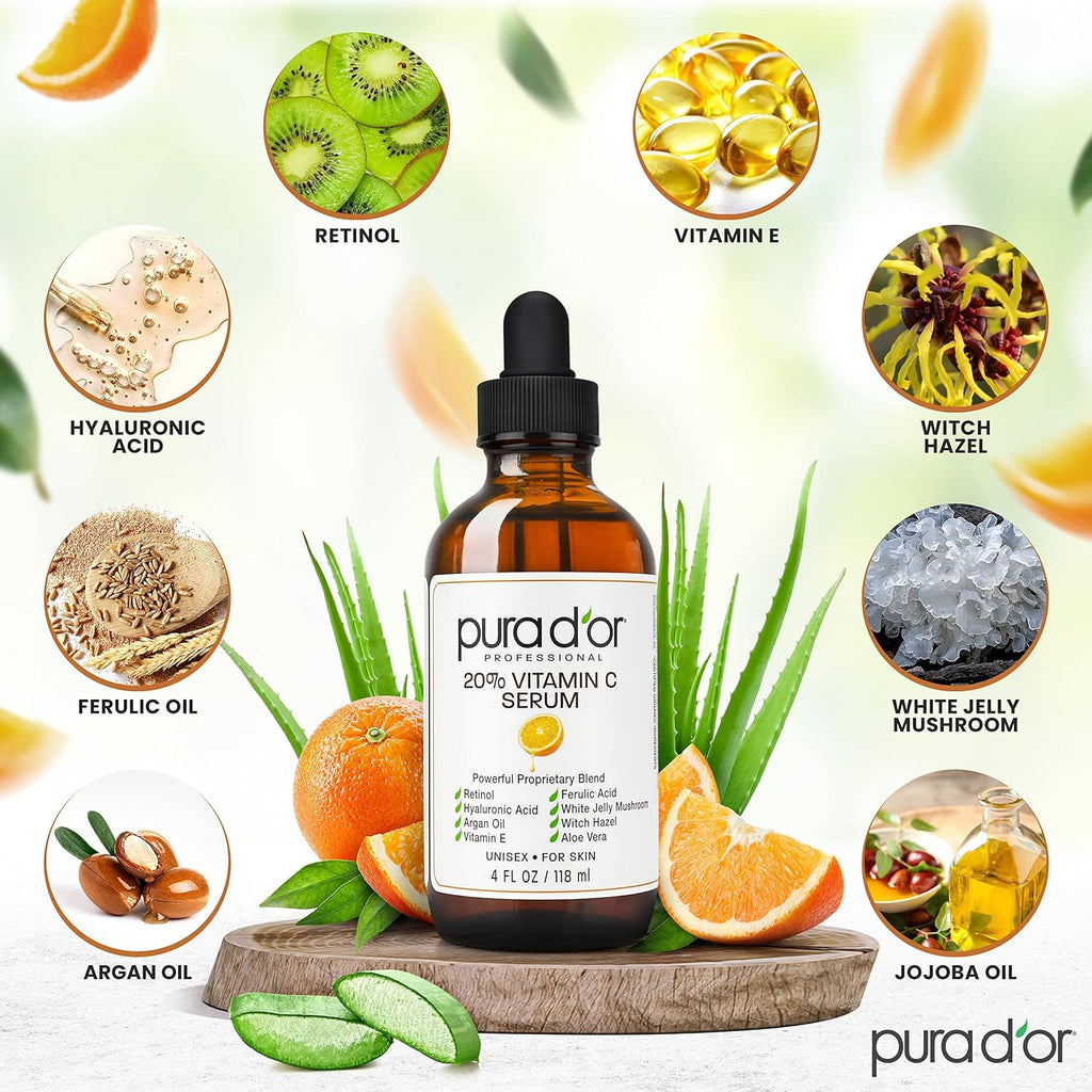 PURA D'OR 20% Vitamin C Serum 4 Oz - Lightweight Maximum Strength Formula - Retinol, Hyaluronic Acid, Ferulic Acid - Professional Grade Treatment For Face & Eyes, Wrinkles - Men & Women