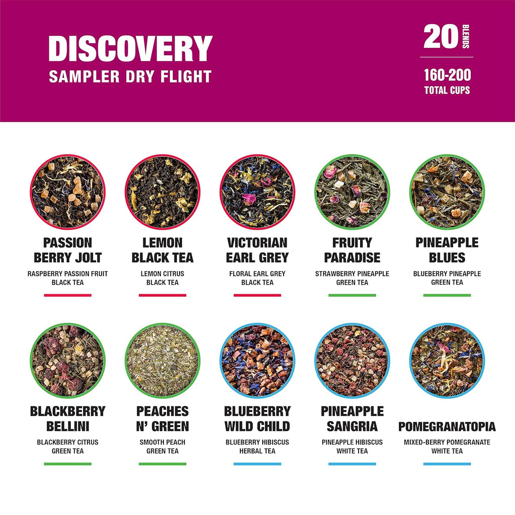Tiesta Tea - Discovery Sampler Dry Flight Set, Loose Leaf, High to No Caffeine, Hot & Iced Up to 200 Cups, Tea Variety Pack with Green, Herbal, Black & Chai Brew, 20 Resealable Sample Pouches