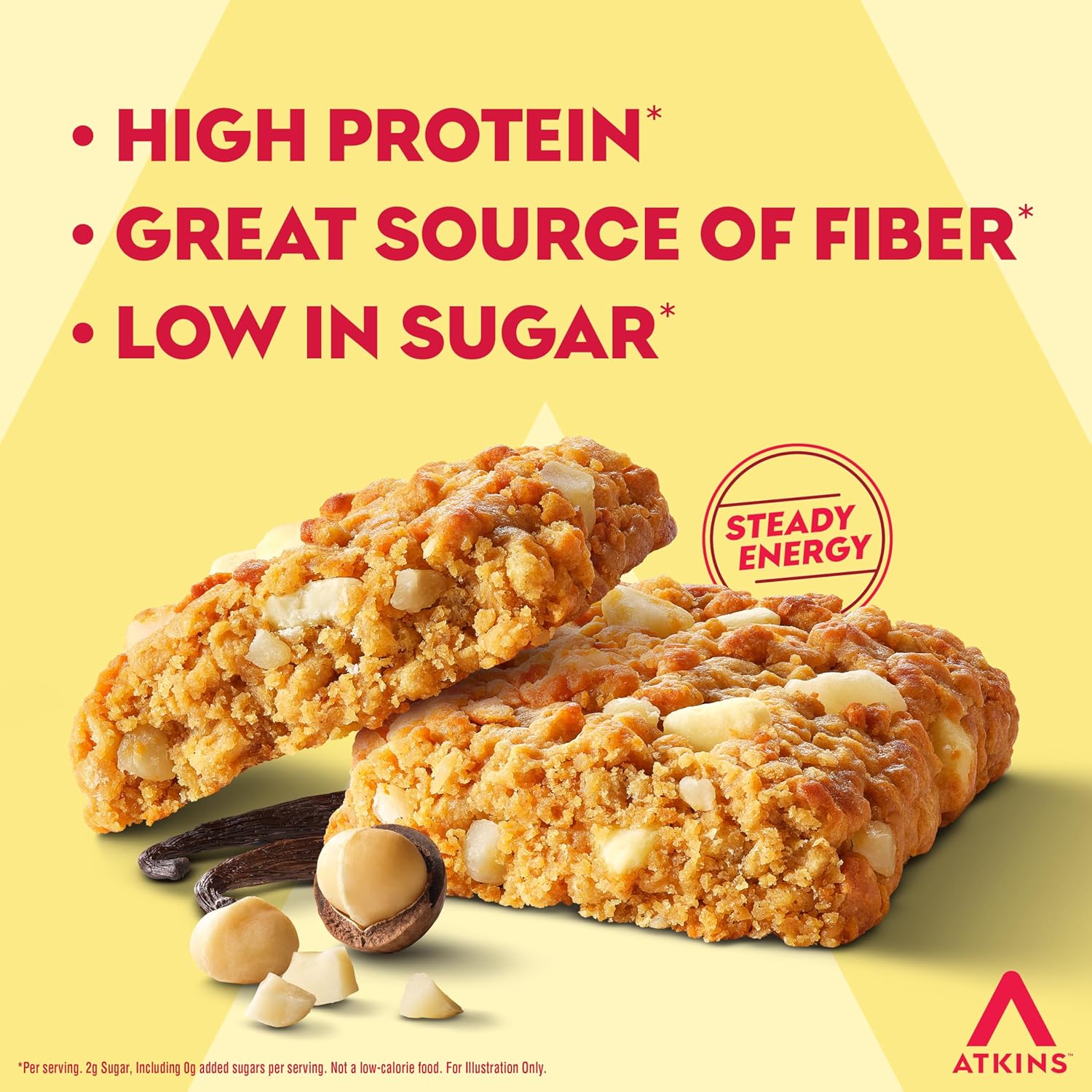 Atkins Soft Baked High Protein Bars, Vanilla Macadamia Nut Flavor, 15g Protein, 4g Net Carbs, 2g Sugar, Keto Snacks, Low Sugar Bars, High Fiber Snacks, 6 pack (4 bars each)