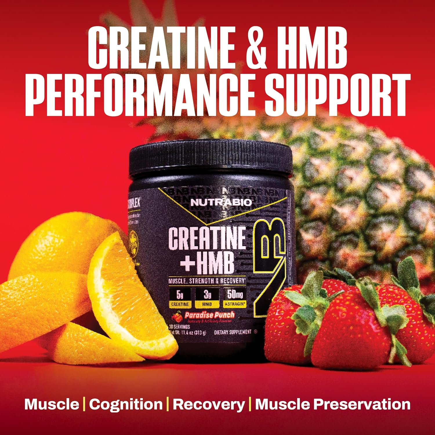 NutraBio Creatine + HMB- Creatine Monohydrate with HMB Powder for Muscle Growth, Increased Strength- 30 Servings (Paradise Punch)
