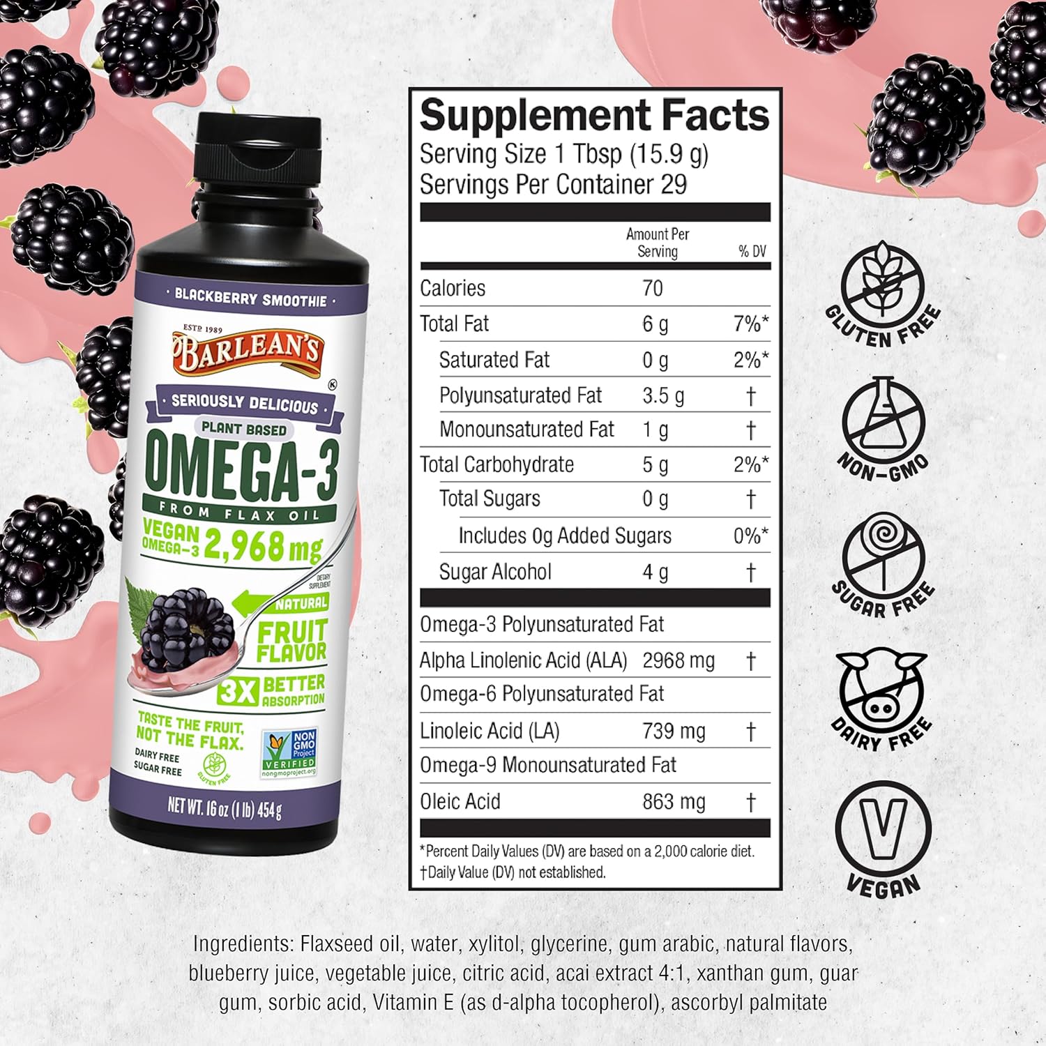 Barlean's Vegan Omega 3 6 9 Flaxseed Oil Liquid Supplement, BlackBerry Smoothie, Flax Seed Oil, 2,968 mg ALA Fatty Acid, Non-GMO and Gluten Free, 16 oz