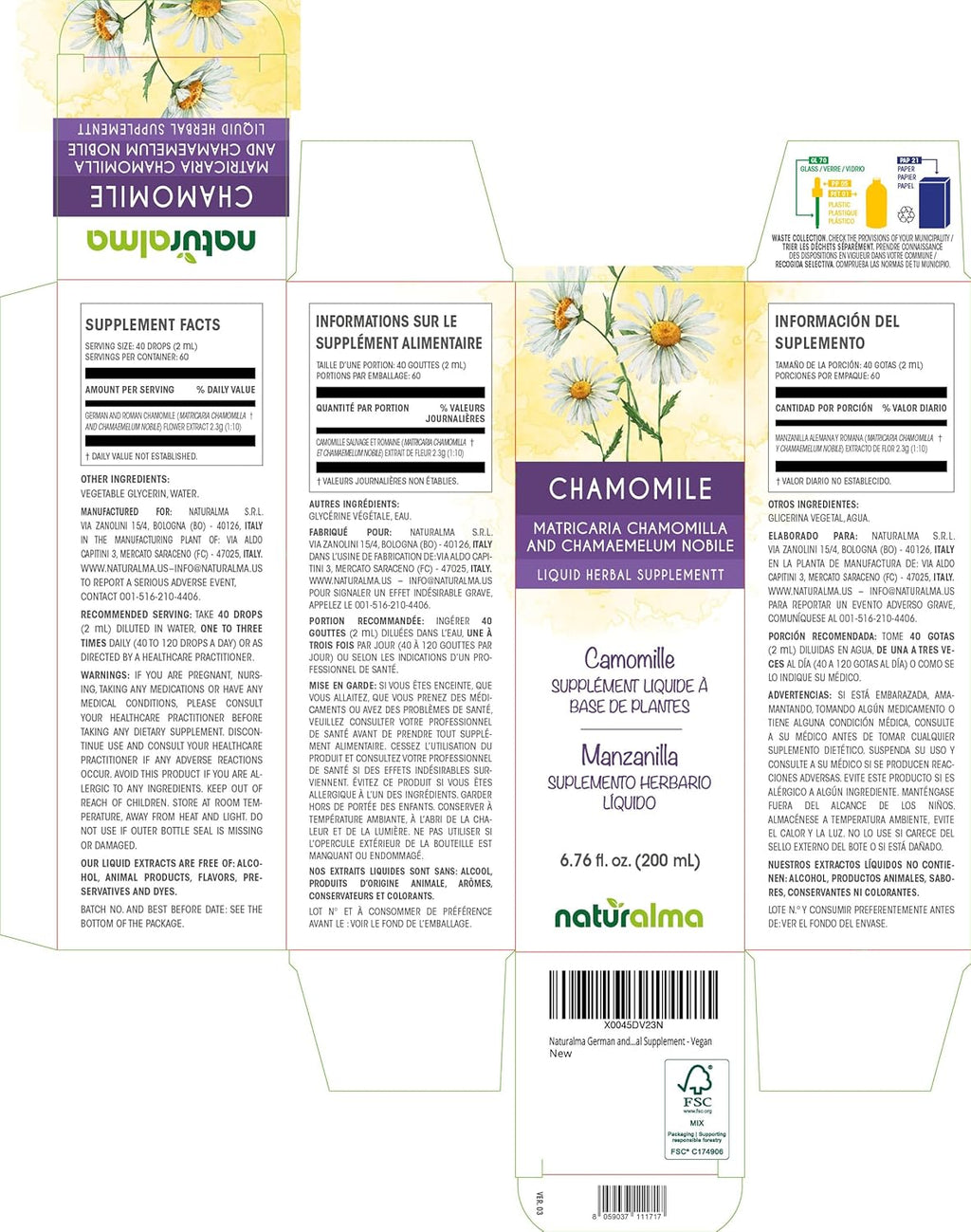 Naturalma German and Roman Chamomile (Matricaria chamomilla and Chamaemelum nobile) Flower Alcohol-Free Tincture - 6.76 fl oz Liquid Extract in Drops - Herbal Supplement - Vegan