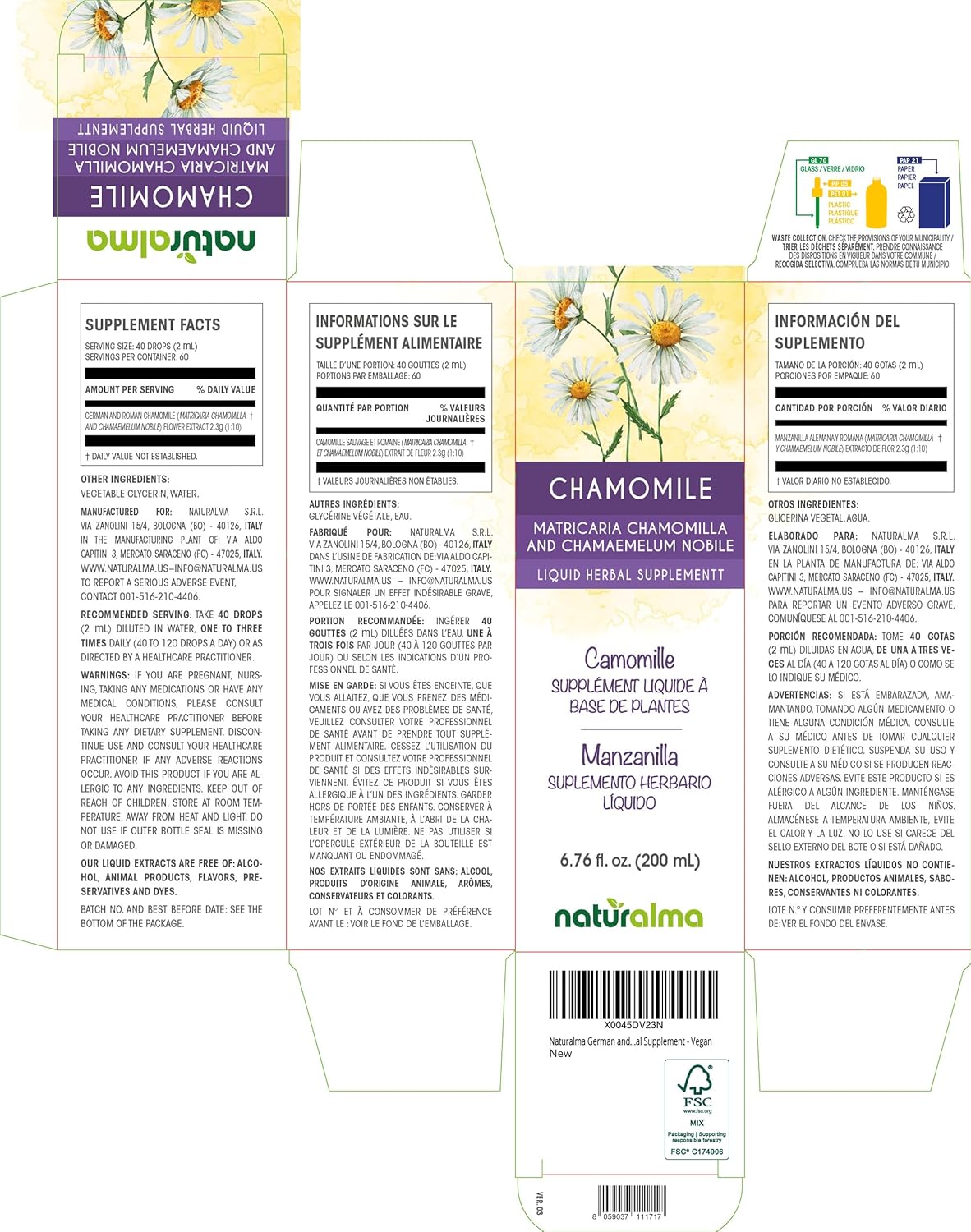 Naturalma German and Roman Chamomile (Matricaria chamomilla and Chamaemelum nobile) Flower Alcohol-Free Tincture - 6.76 fl oz Liquid Extract in Drops - Herbal Supplement - Vegan