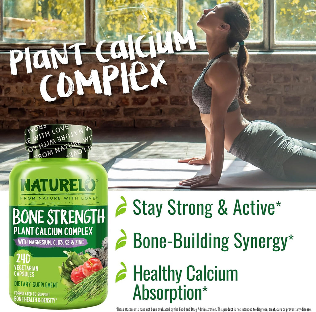 NATURELO Calcium Supplement - with Vitamin C, Vitamin D3, K2, and Calcium Magnesium Zinc for Bone Strength with Calcium 600mg - Plant-Based, 240 Vegetarian Capsules, Non-GMO, Soy & Gluten-Free