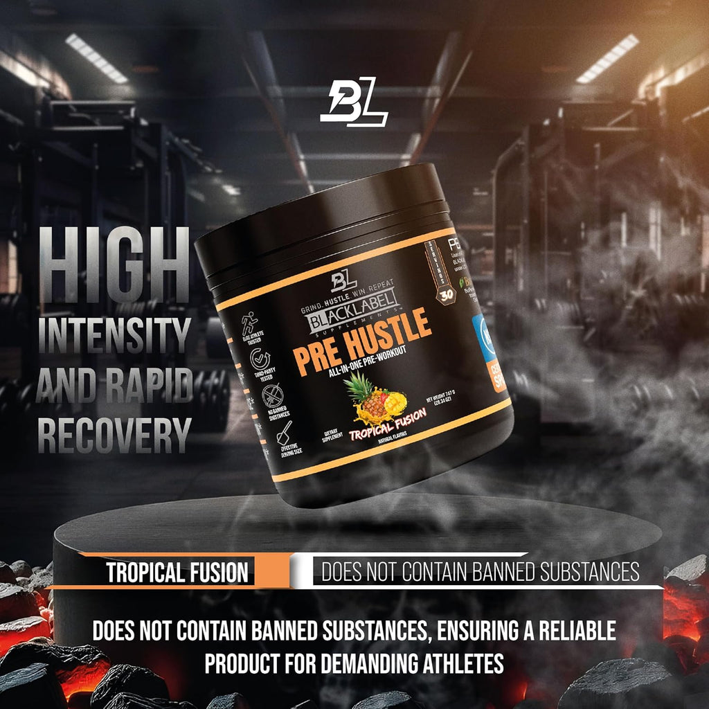 BLACKLABEL Supplements PRE Hustle V3 Pre-Workout Powder – NSF Certified for Sport – Energy, Strength & Endurance Support – Tropical Fusion Flavor – with Creatine & Caffeine – 30 Servings