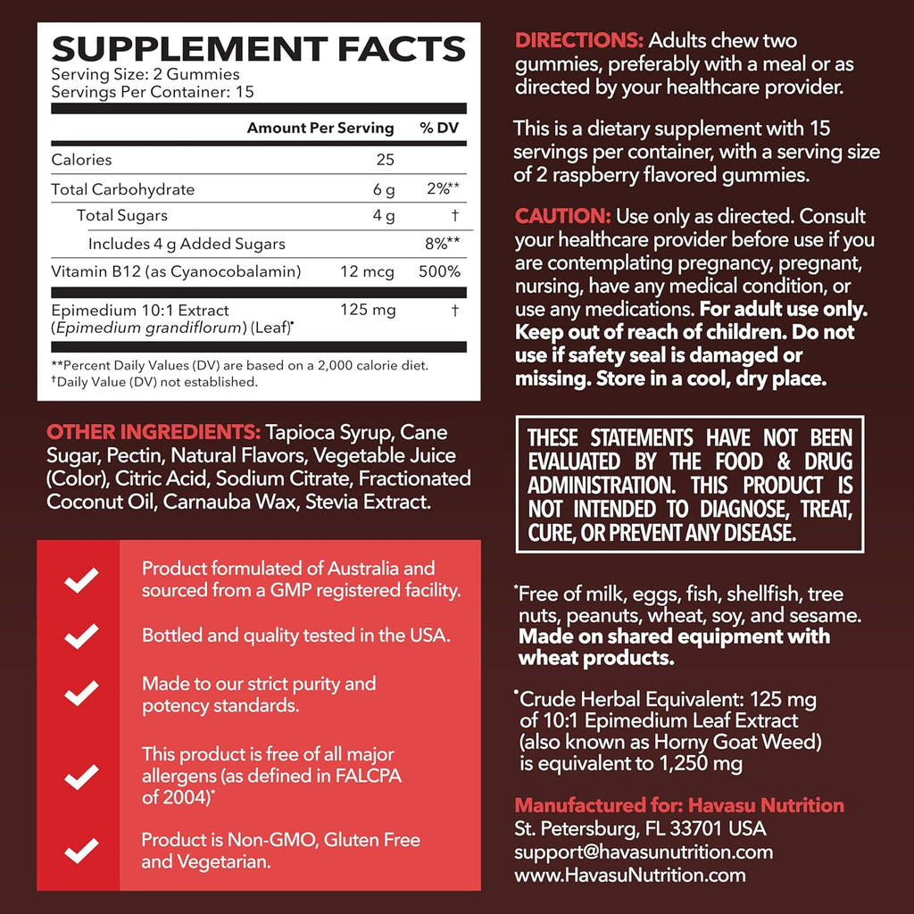 Horny Goat Weed Gummies with Vitamin B12 - Energy, Endurance & Performance Support for Male Health - 30 Count - Vegetarian-Friendly, Non-GMO, Pectin-Based - Raspberry Flavor, 15 Servings